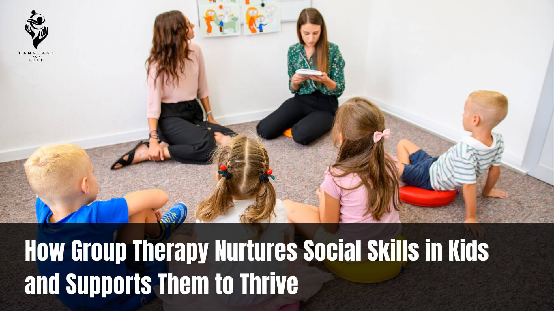 Group therapy for social skills session with children learning social interaction skills